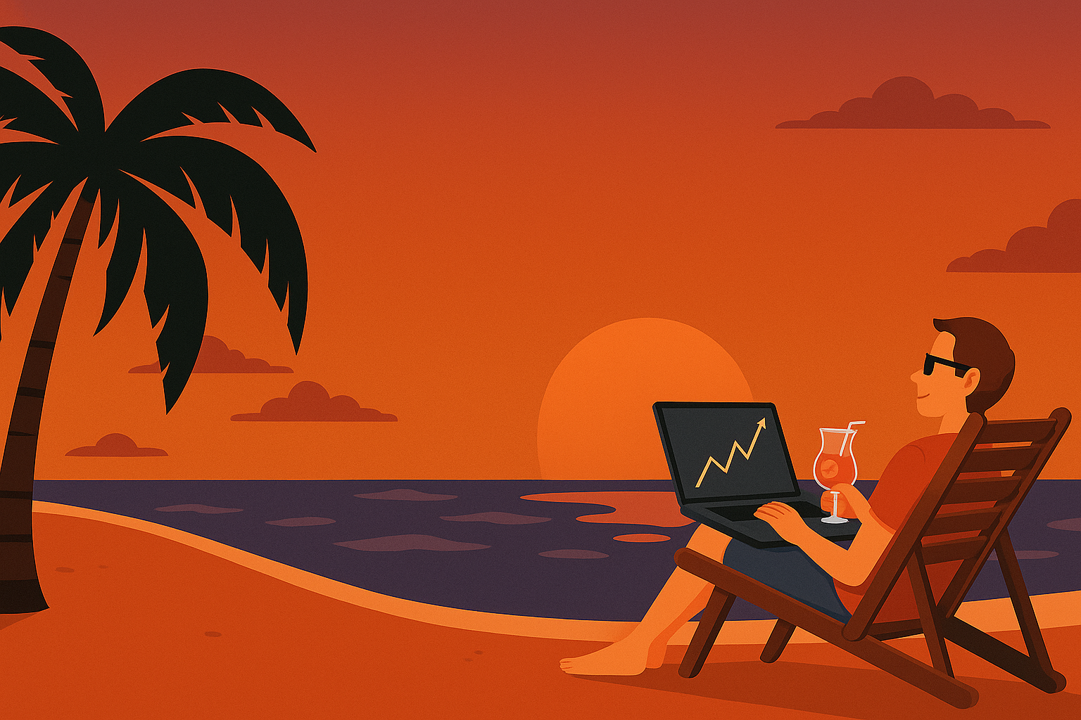 Man on beach with laptop showing rising chart